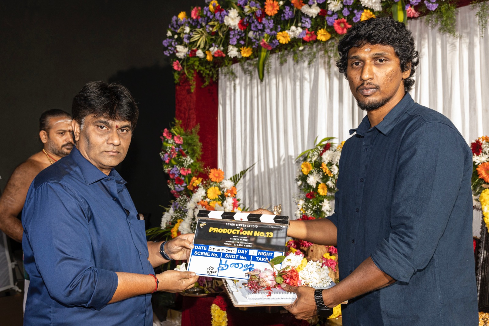 Seven Screen Studios Producer S.S. Lalit Kumar's upcoming project, tentatively titled "Production No. 13" and featuring L.K. Akshay Kumar in the lead role, is proceeding with brisk shooting progression that commenced with a pooja ceremony 